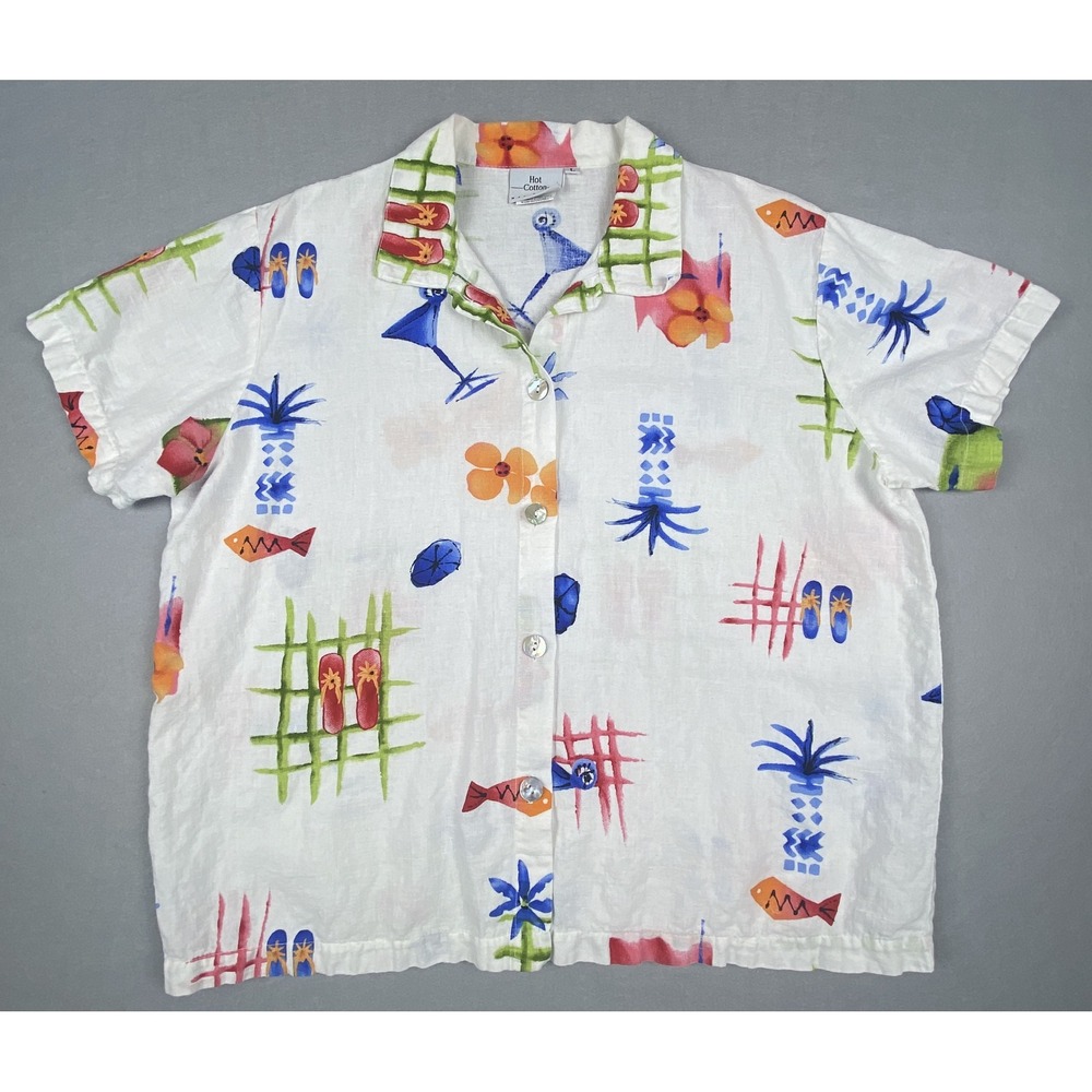 Hot Cotton Marc Ware Vintage Tropical Linen Blend Button Up Shirt Womens Large